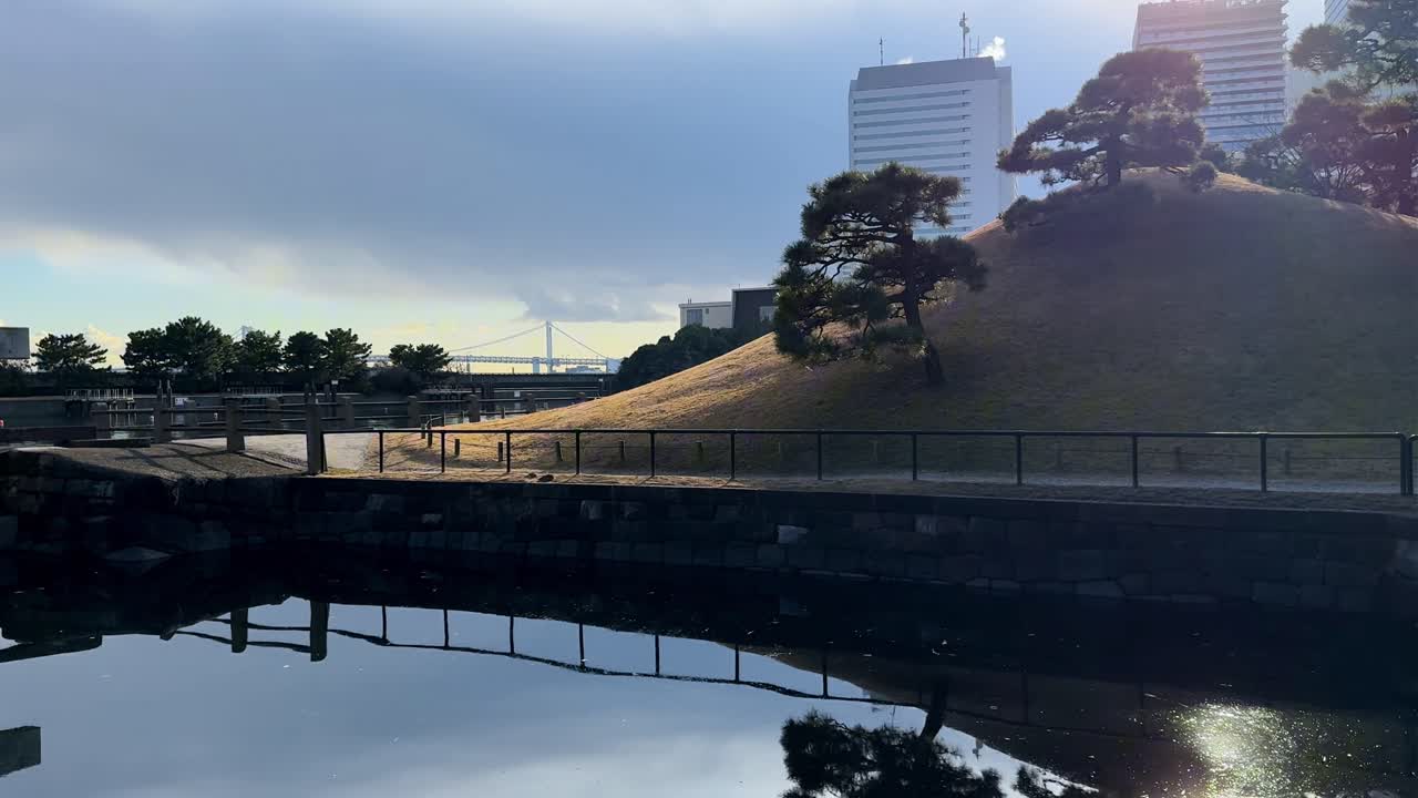 A peaceful park in Tokyo with a grassy hill, trees, and a modern cityscape backdrop