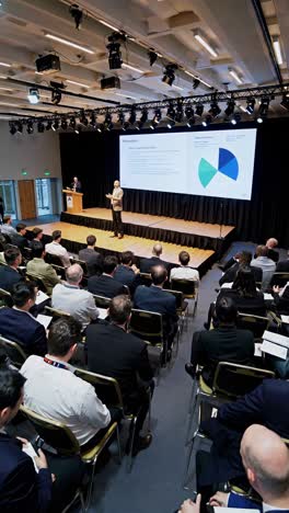 engaging speaker presenting innovative ideas to a large audience of business professionals during a corporate conference, fostering collaboration and knowledge sharing in the business world