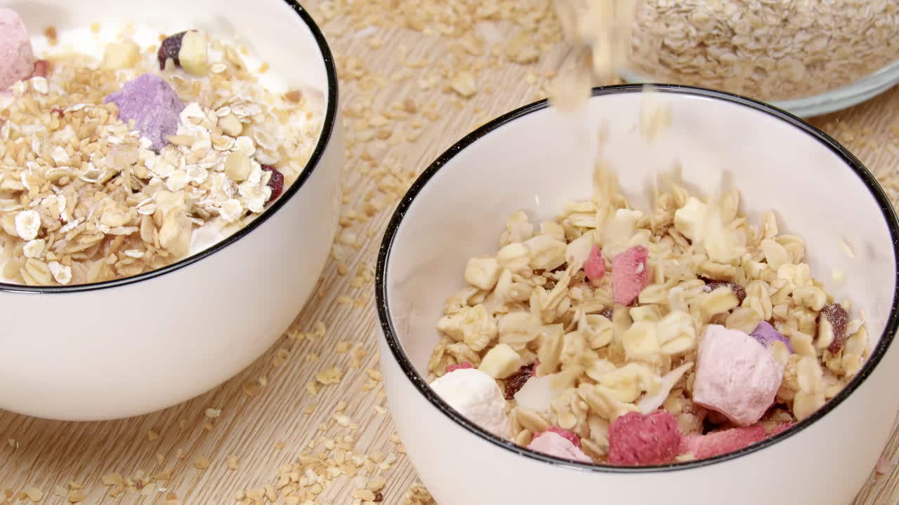 Una scena di colazione rinfrescante e salutare con frutta, avena e cereali mattutini colorati a forma di stella versati in una ciotola, con un aspetto delizioso e sano, perfetta per uno spuntino che enfatizza la freschezza.