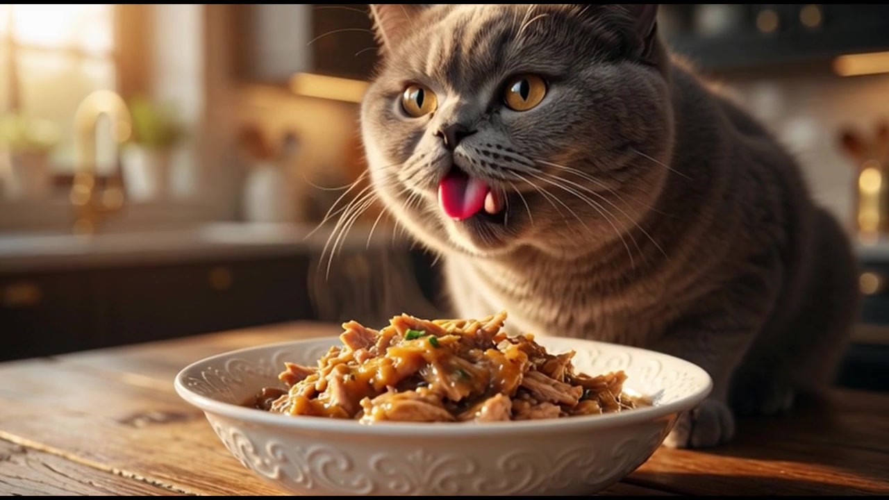 Graue Britisch Kurzhaar Katze frisst Nassfutter aus einem Napf