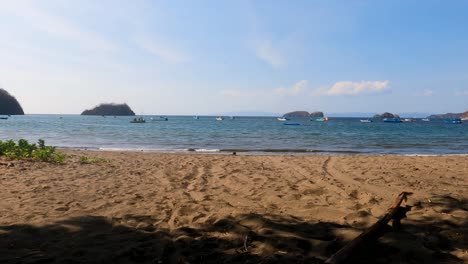 botes de madera blancos y azules en una playa tropical con un árbol viejo en un día soleado, playa coco en guanacaste, costa rica