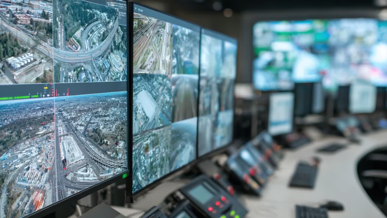 Centro di Controllo e Sorveglianza: Monitoraggio dei Flussi di Traffico Urbano e delle Infrastrutture Tramite Tecnologia Multischermo Avanzata per l'Analisi e la Gestione in Tempo Reale.