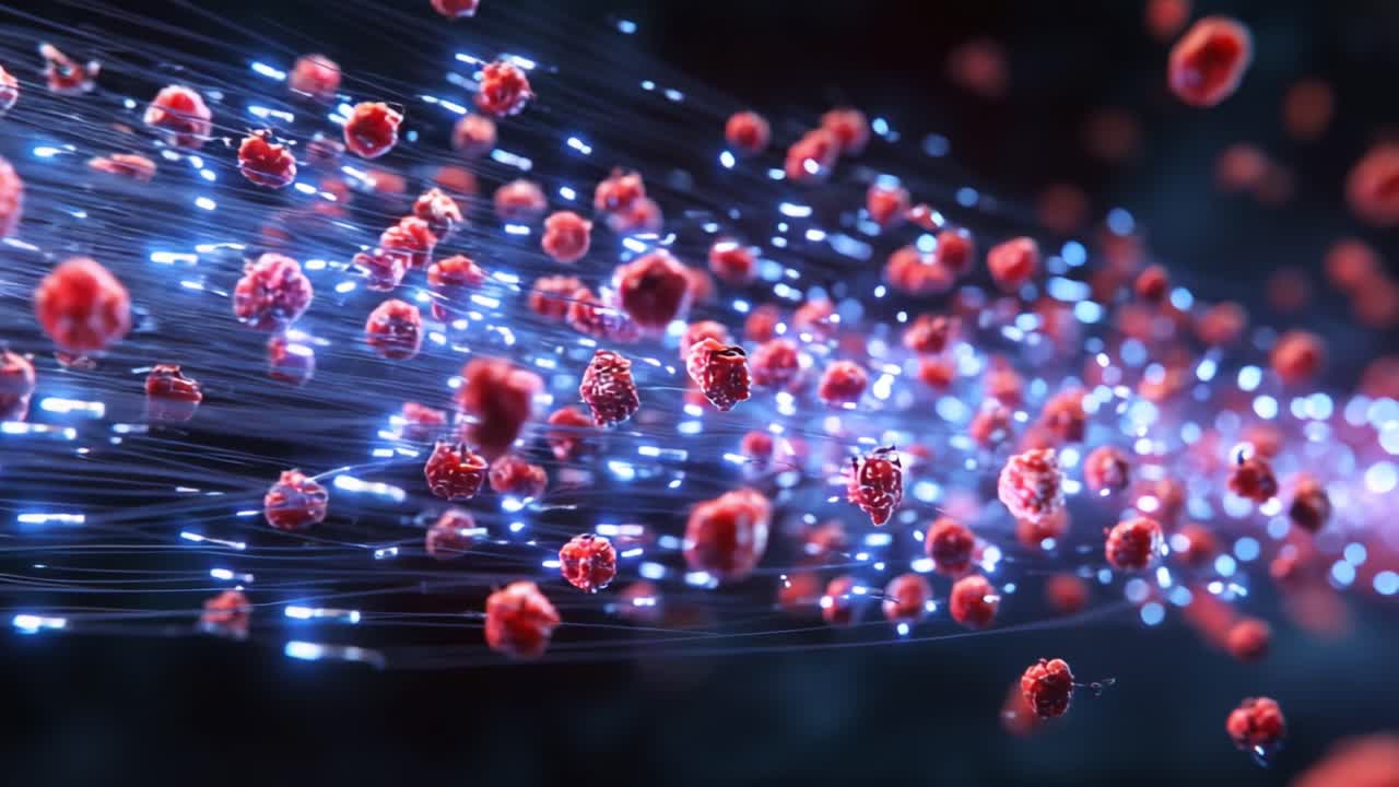 A mesmerizing visual display of dynamic red particles propelled through a stream of bright light, showcasing a stunning interaction between color and movement in this captivating video sequence