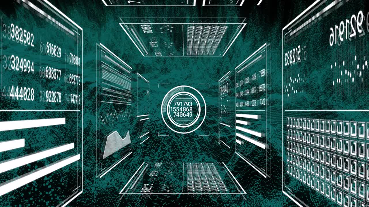 Animation of data processing over green lines on black background