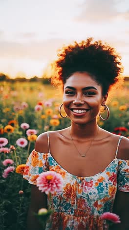 woman in a floral dress, sunset field