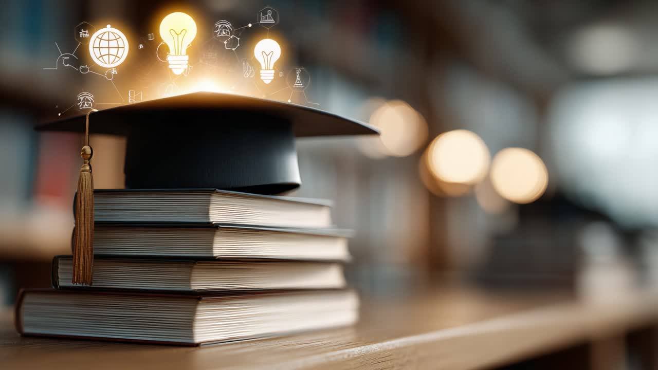 A Graduation Cap Adorned with Glowing Ideas Symbolizes Knowledge and Learning, Standing Proudly on a Stack of Books in a Scholarly Environment