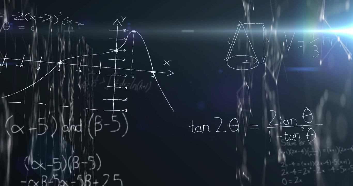 Siyah arka plan üzerinde bağlantı ağı üzerinde matematiksel denklemler animasyonu.