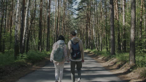 una pareja de senderistas en un bosque.