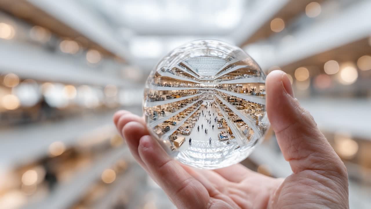 A Captivating View Through a Glass Sphere Revealing a Modern Building's Interior with People and Unique Architectural Design