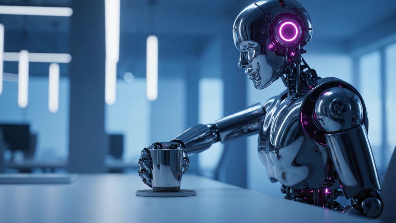 Una figura robotica futuristica che tiene elegantemente una tazza di caffè in uno spazio di lavoro elegante e moderno, mettendo in mostra tecnologia avanzata e una fusione di funzionalità e design