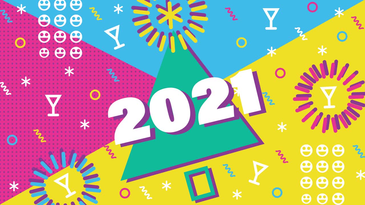 Frohes neues Jahr 2021 bunte Grußkarte. Animierter Feiertagshintergrund