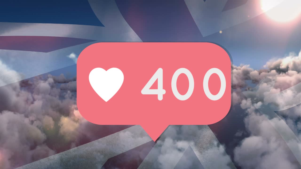 성장하는 숫자의 애니메이션과 구름과 하늘 위의 영국 발