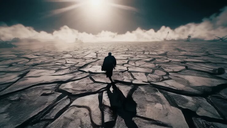 Viaggiatore solitario su un pianeta desolato e incrinato