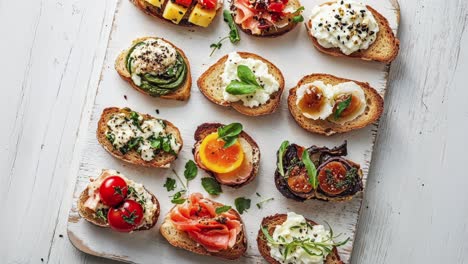 a platter of bruschetta with various toppings, including tomato, salmon, cheese, egg, and more.