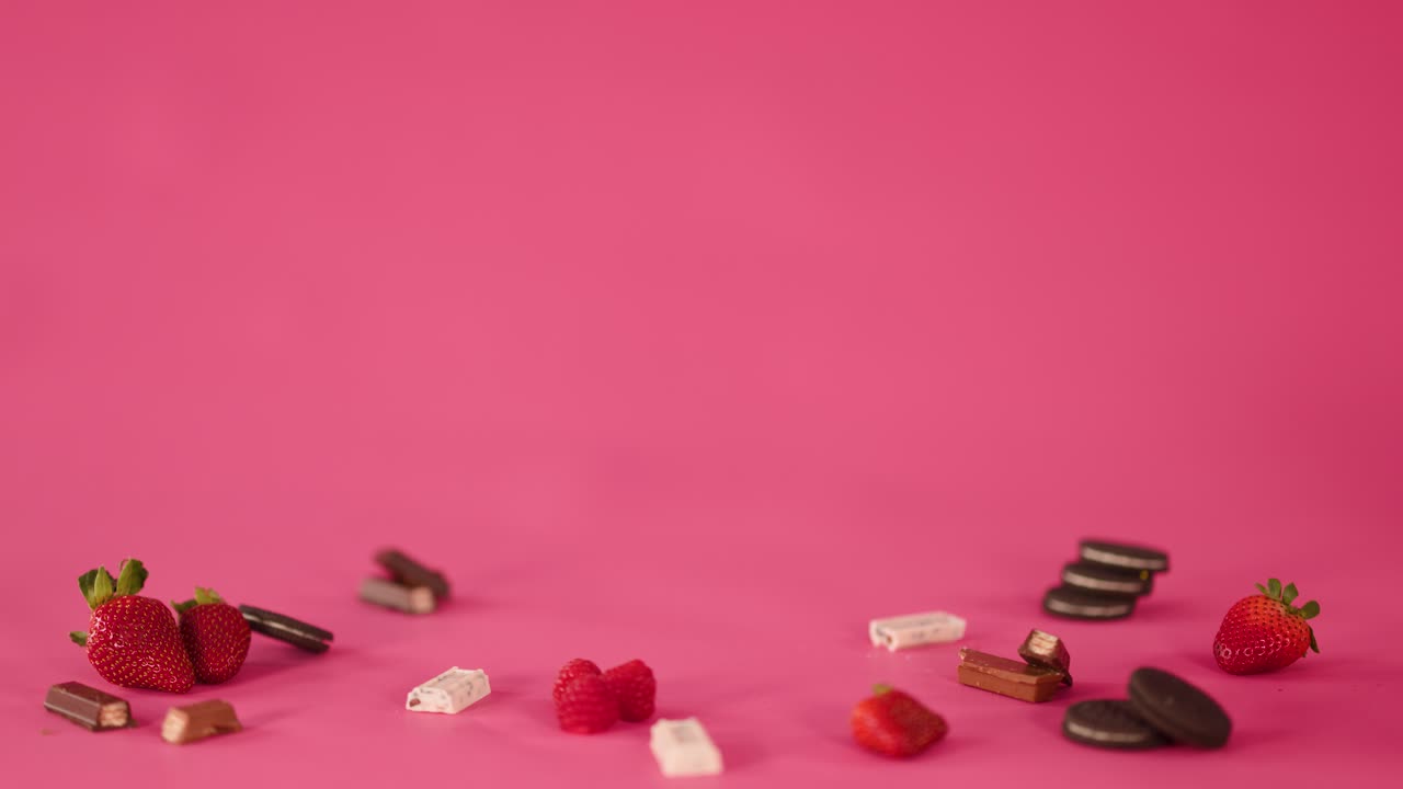 Hand selects chocolate candy near glass bowl of strawberries, surrounded by assorted sweets, bright lighting