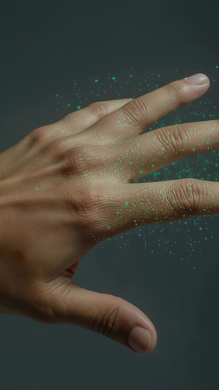 Vertical video: Entering left, right hand activating green particles while moving in gray studio