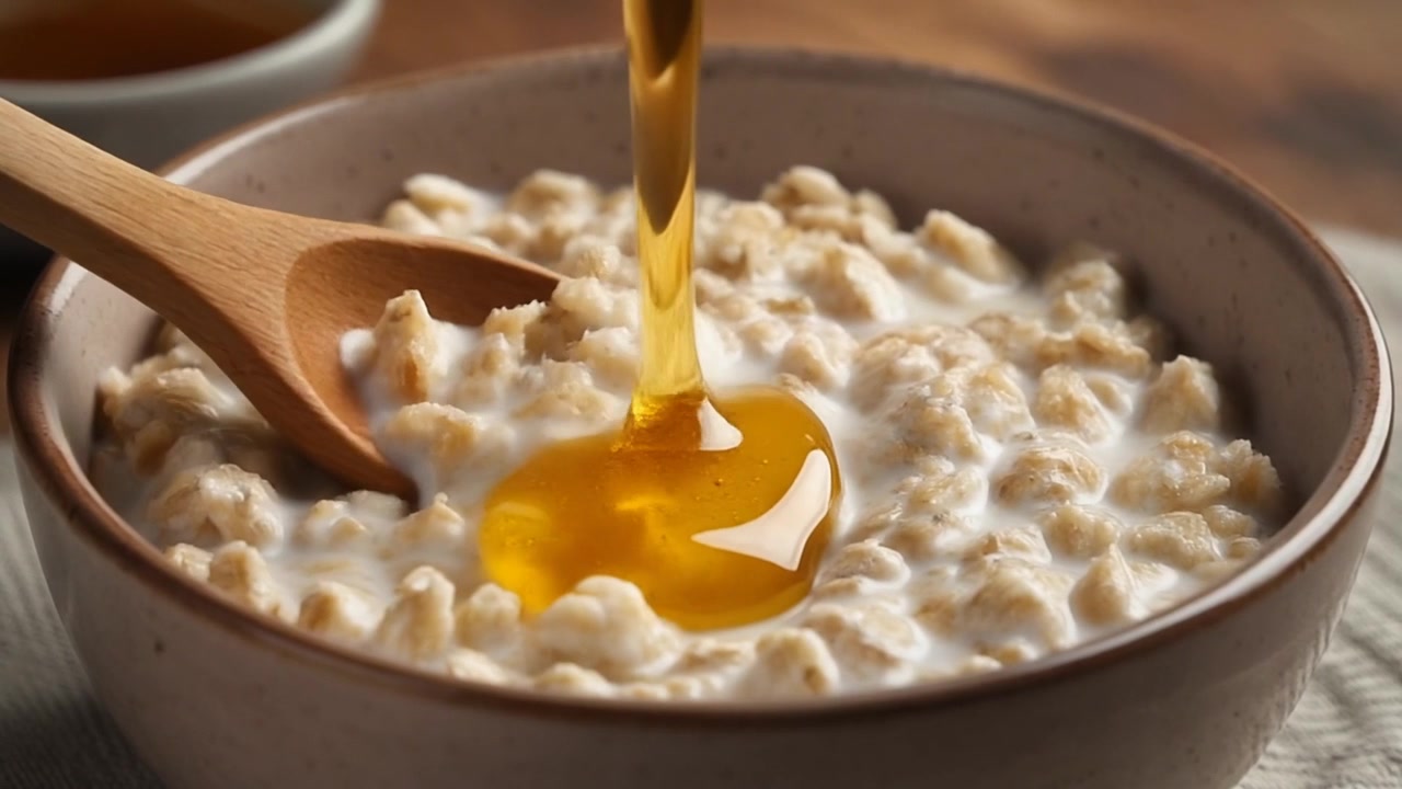 Miele che cola su una ciotola di farina d'avena cremosa