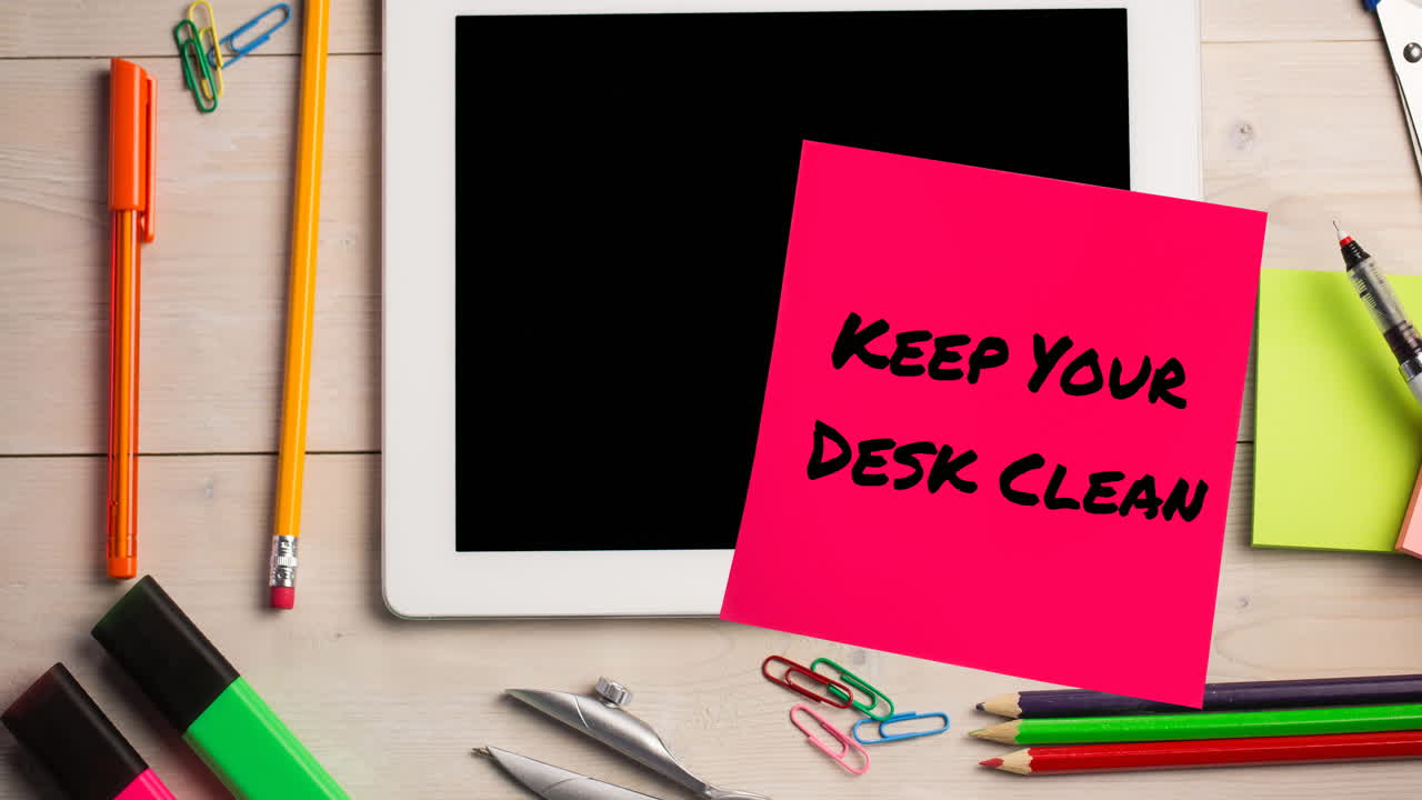 Animation of keep your desk clean text on memo note over tablet on desk
