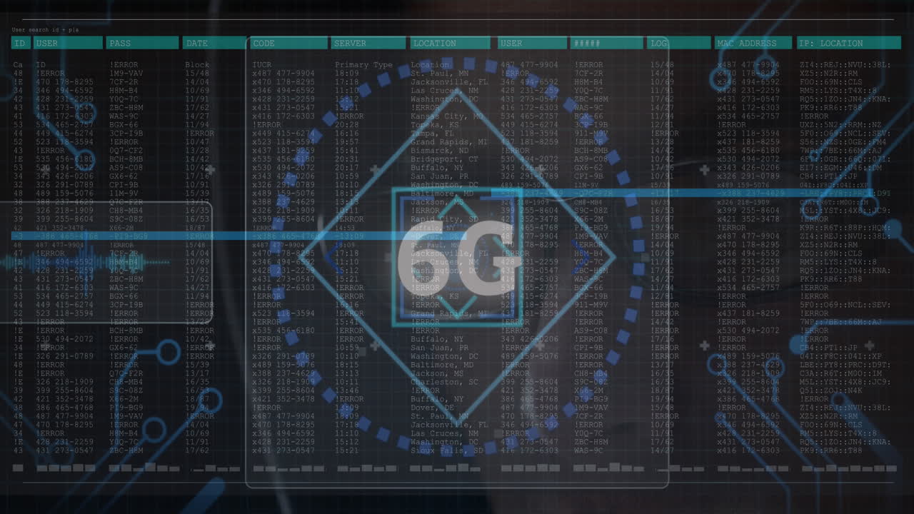 6g text and microprocessor connections against data processing on black background