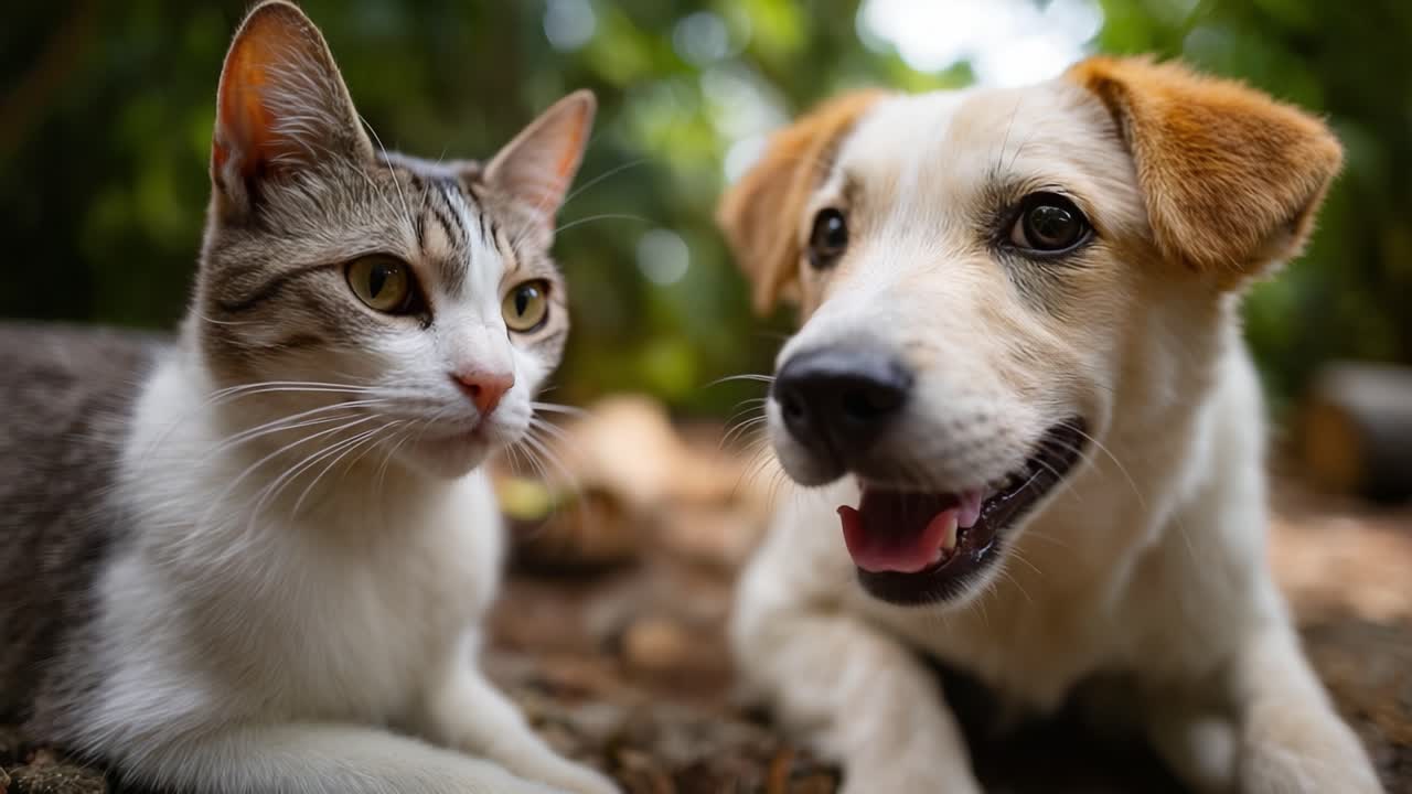 Um momento emocionante: um cachorro brincalhão e um gato curioso compartilham um encontro alegre na natureza, mostrando seu vínculo único e companheirismo na vida selvagem