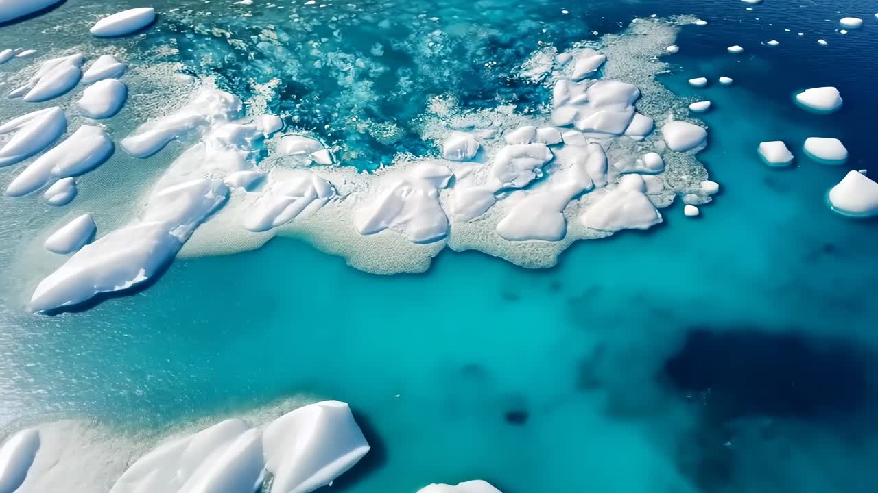 Aerial view of melting icebergs floating in turquoise water, showcasing climate change