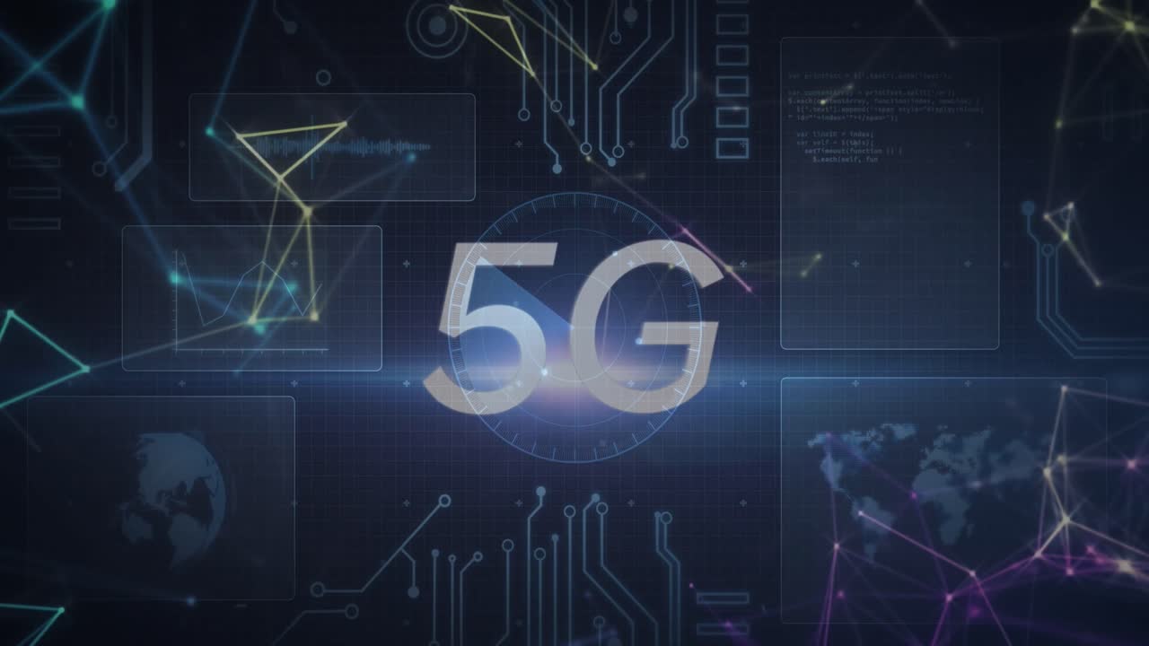 animazione di testo 5g su scansioni e elaborazione dei dati con globo e mappa del mondo sugli schermi