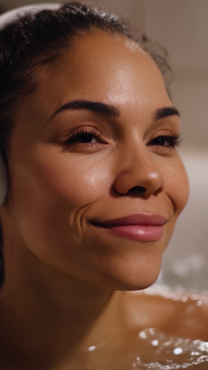 Relaxing in a Soothing Bath with Headphones, Capturing the Essence of Tranquility and Self-Care, Highlighting Natural Beauty with a Serene Expression