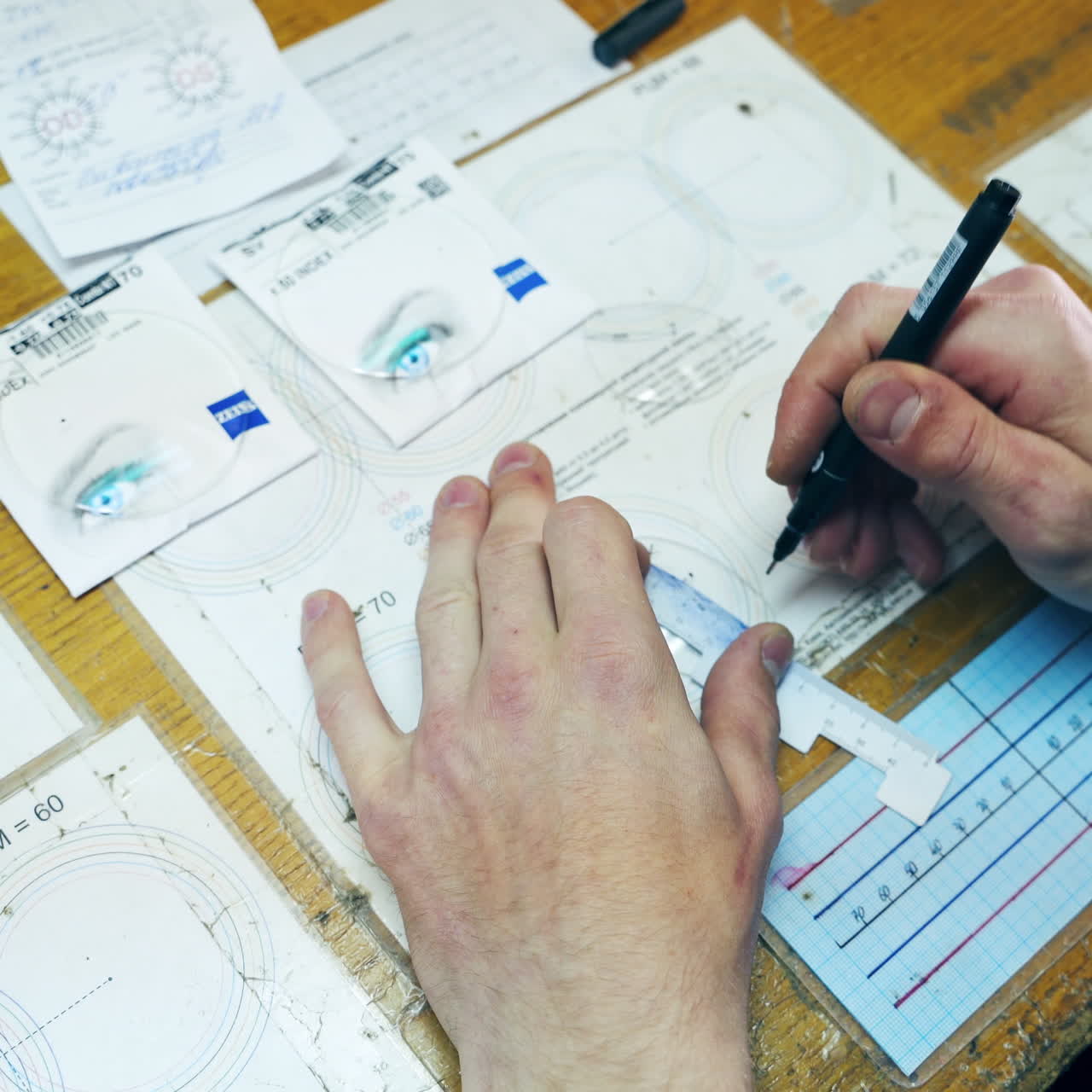 Production of spectacles. Male's hands making new glasses on the table. Technician tracing glass on paper. Eyeglasses concept.