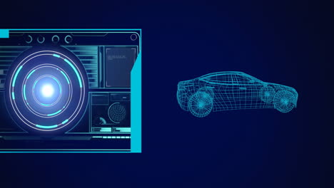 animation of 3d car drawing, scope scanning and data processing