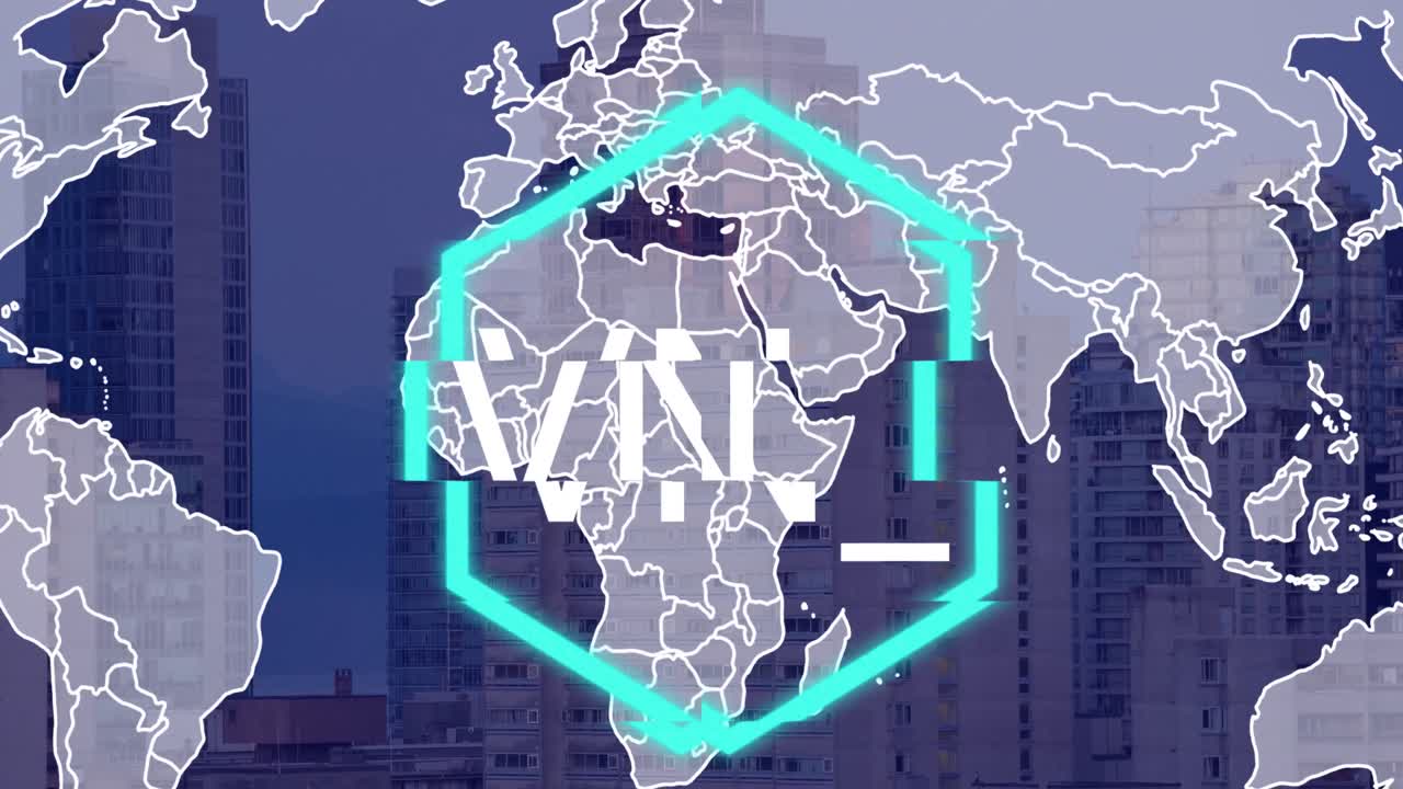 도시 풍경 위에 nft 텍스트와 세계 지도의 애니메이션