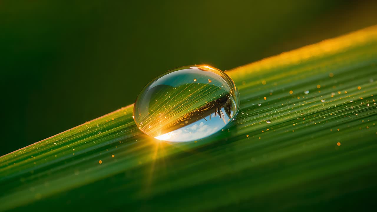 Sunlight striking single clear droplet making golden starburst on grass blade, revealing sky