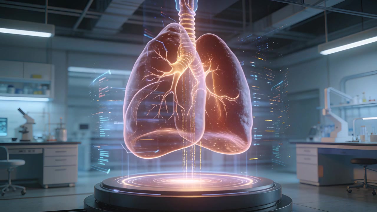 Activating base, pulsing hologram lungs highlighting trachea at research lab, streaming diagnostics