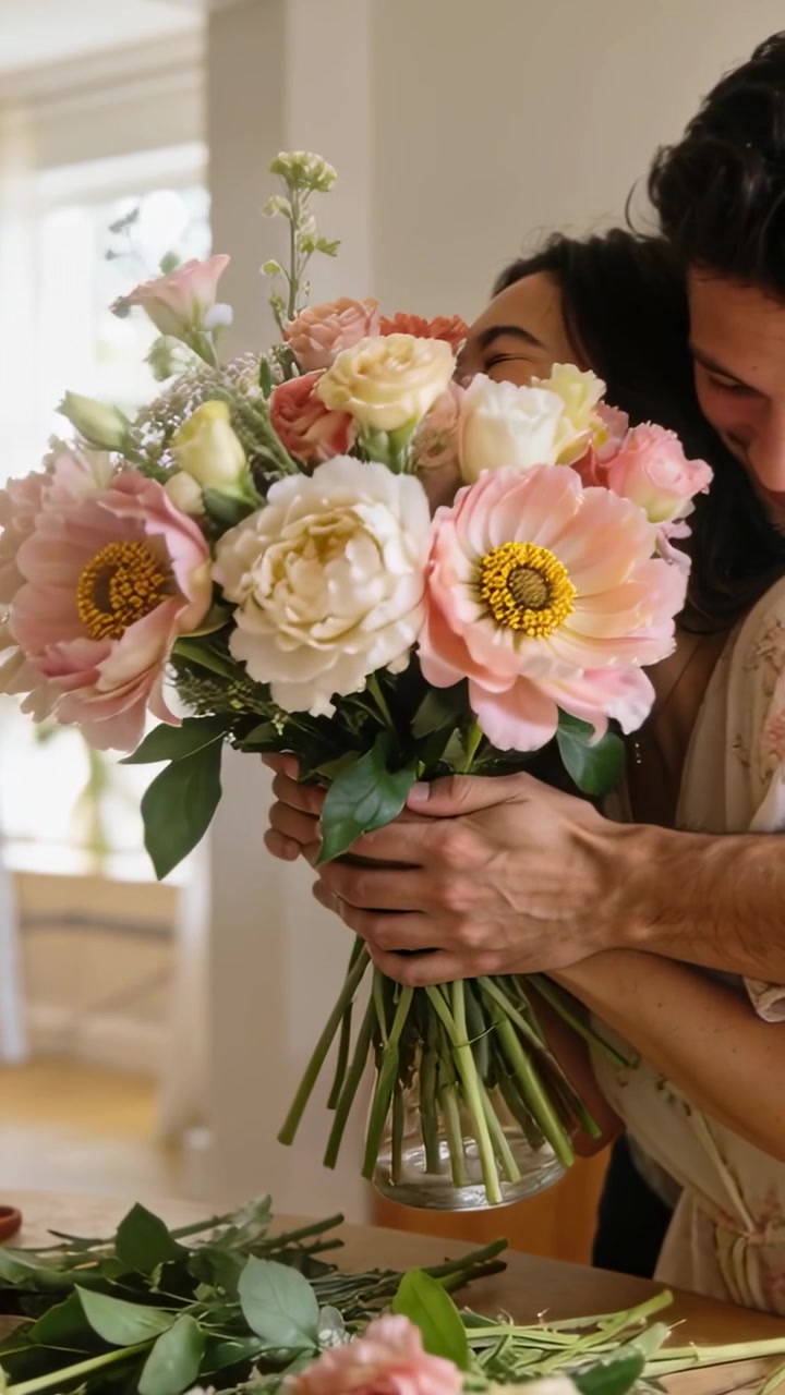 Video verticale: Uomo che porge un bouquet, donna con vestito floreale e collana che sistema i fiori in un vaso su un tavolo di legno.