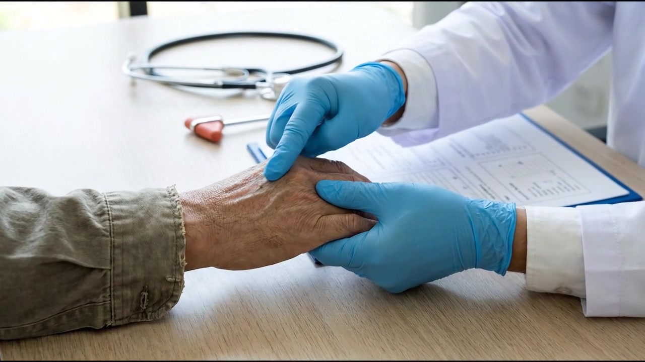 Sundhedspersonale iført kirurgiske handsker lægger forbinding på patientens arm, horisontal 16:9 video