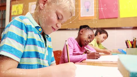 Animation-of-mathematical-equations-over-diverse-school-children-writing