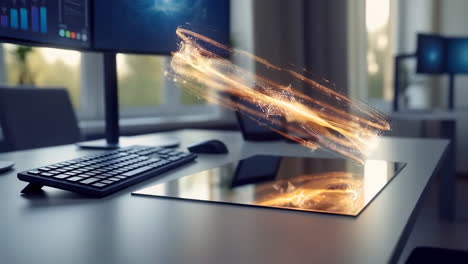 futuristic office desk with holographic data projection