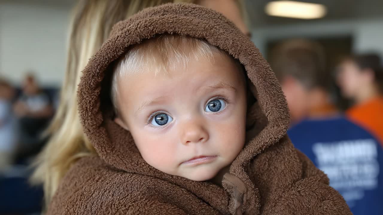 An adorable baby wrapped in a cozy brown hooded blanket gazes curiously into the distance, capturing moments of innocence and wonder, radiating warmth and joy