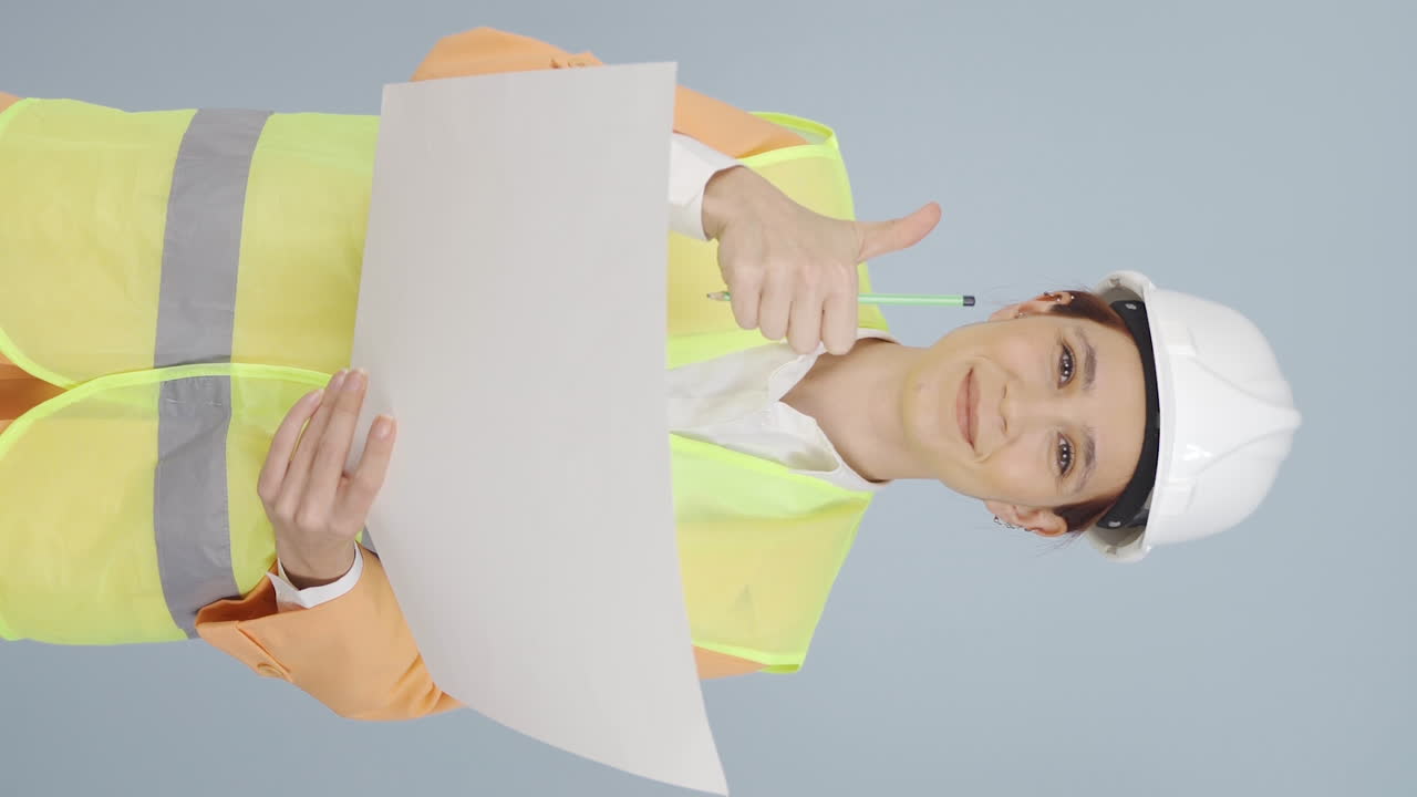 엔지니어가 카메라를 바라보고 긍정적인 제스처를 하는 수직 비디오입니다.