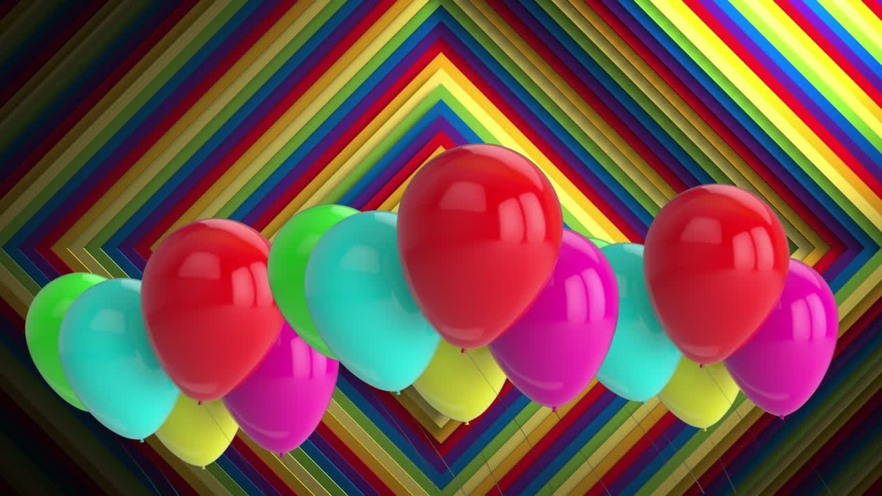 Animación de globos sobre un fondo con patrón de arcoíris.