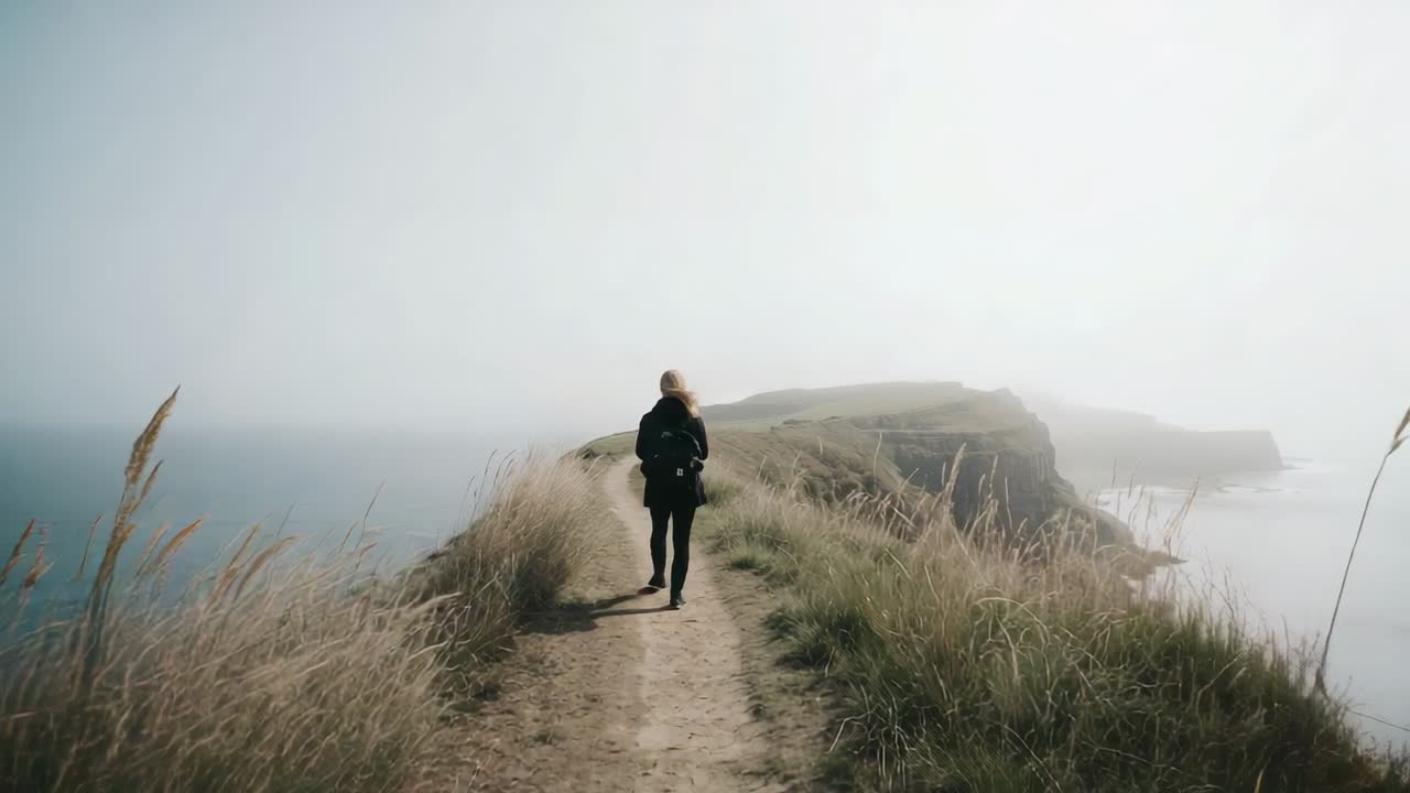Senderista con chaqueta oscura y pantalones, llevando mochila, camina por un sendero en un acantilado hacia un promontorio, con un océano neblinoso.