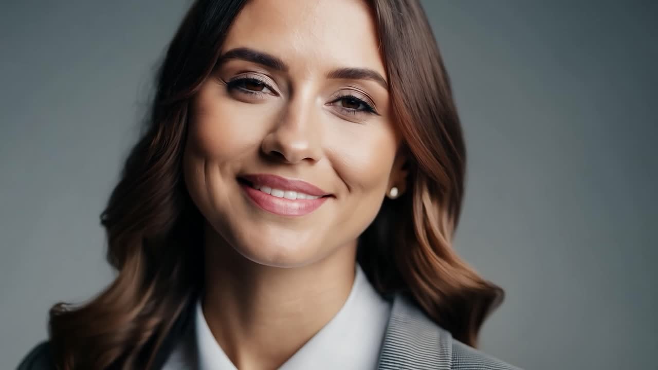 mujer de negocios con el cabello largo y marrón y una camisa blanca sonríe con confianza contra un fondo gris, exudando profesionalismo