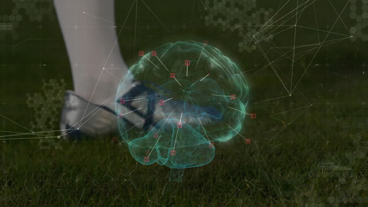 Animation of brain diagram and network over soccer player's foot on grass