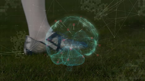 Animation of brain diagram and network over soccer player's foot on grass