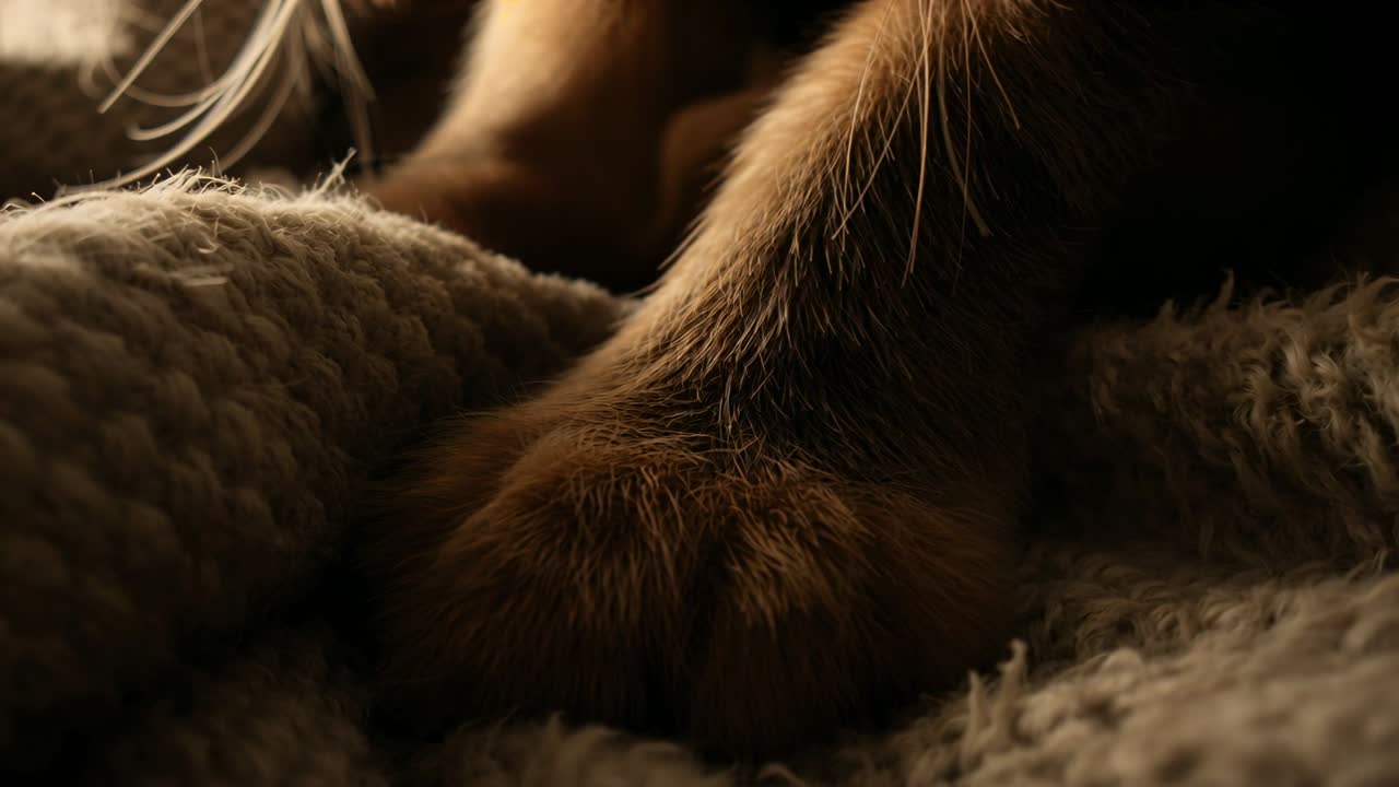 Video verticale: Gatto rosso che si sistema, con la zampa che preme su una coperta a maglia sul letto, i baffi illuminati da luce calda.