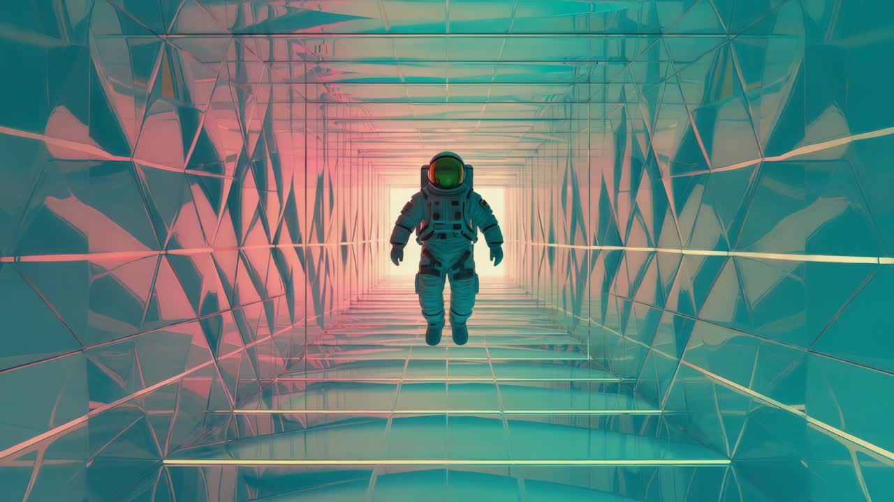 Astronaut Floating in a Futuristic Geometric Corridor