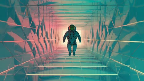 astronaut floating in a futuristic geometric corridor