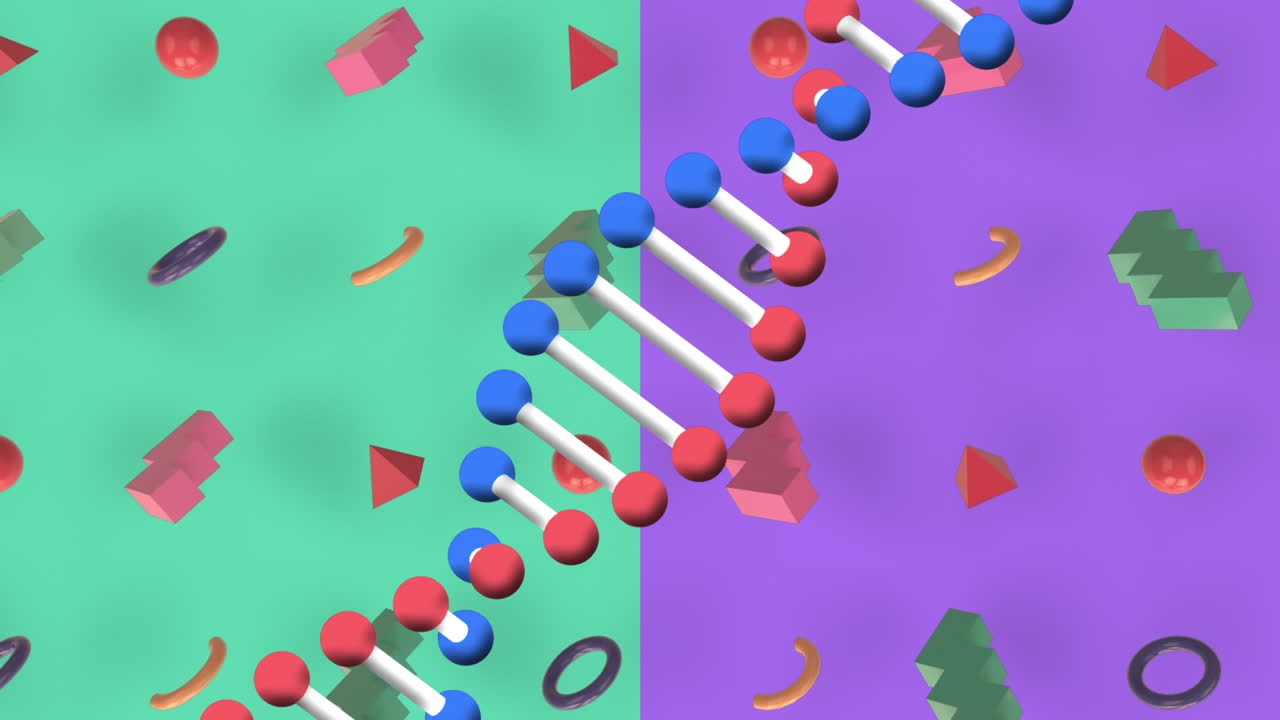 파란색 배경에 움직이는 모양과 dna 가닥의 애니메이션