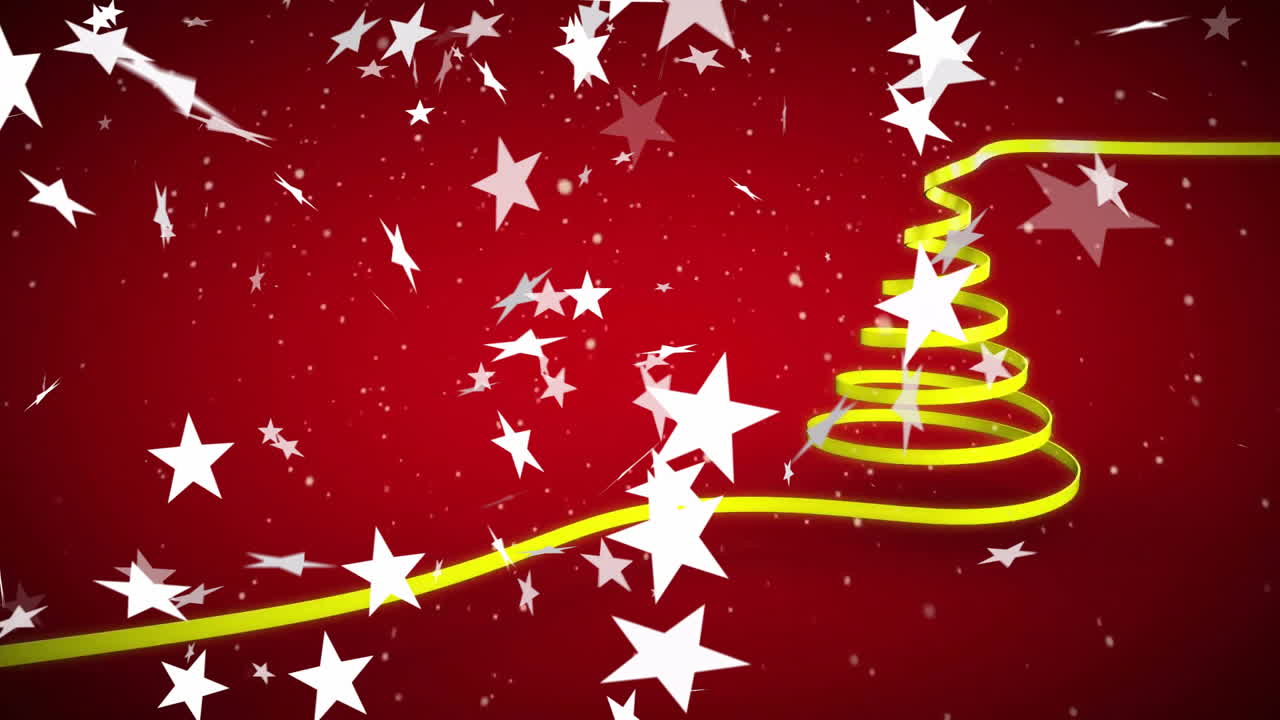 Animation of white stars over yellow ribbon forming christmas tree on red background