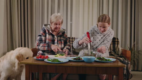 grandmother and granddaughter making salad together