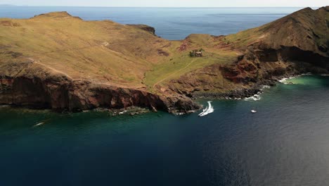 ponta de sau lourenco madeira island, portugal aerial view across idyllic volcanic meadow landscape and shoreline